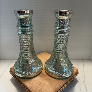 Elegant Set of Silver and Greenish Mercury Glass Candle Holders